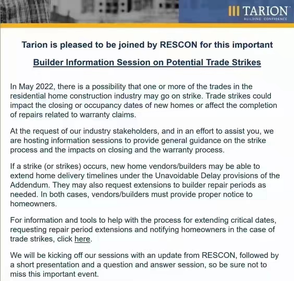 Tarion内部通知：建筑行业或在5月罢工，新房交接延迟