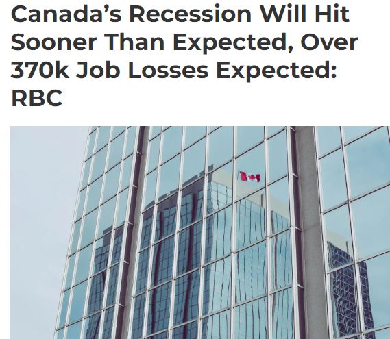 RBC预计加拿大经济衰退将提前到来，失业人数恐超37万