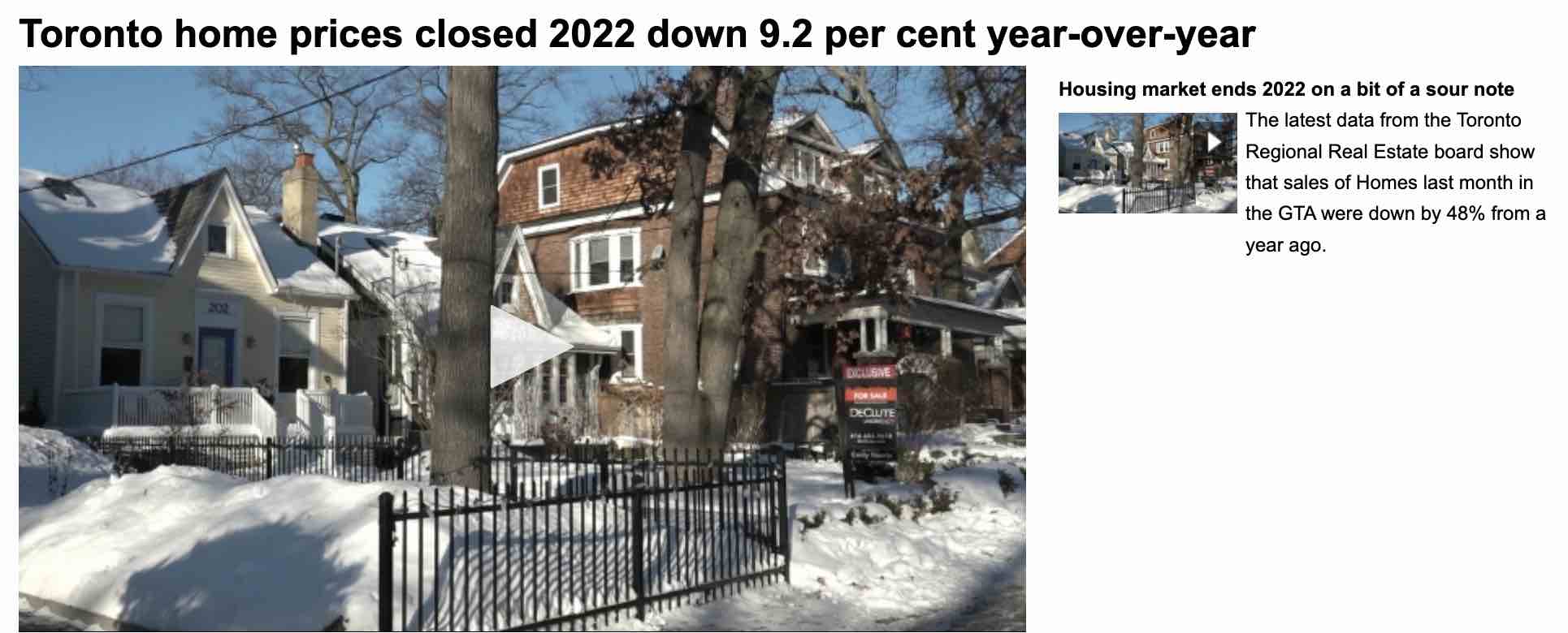 多伦多2022年12月房价同比下跌9.2%，销量同比下跌48.2%