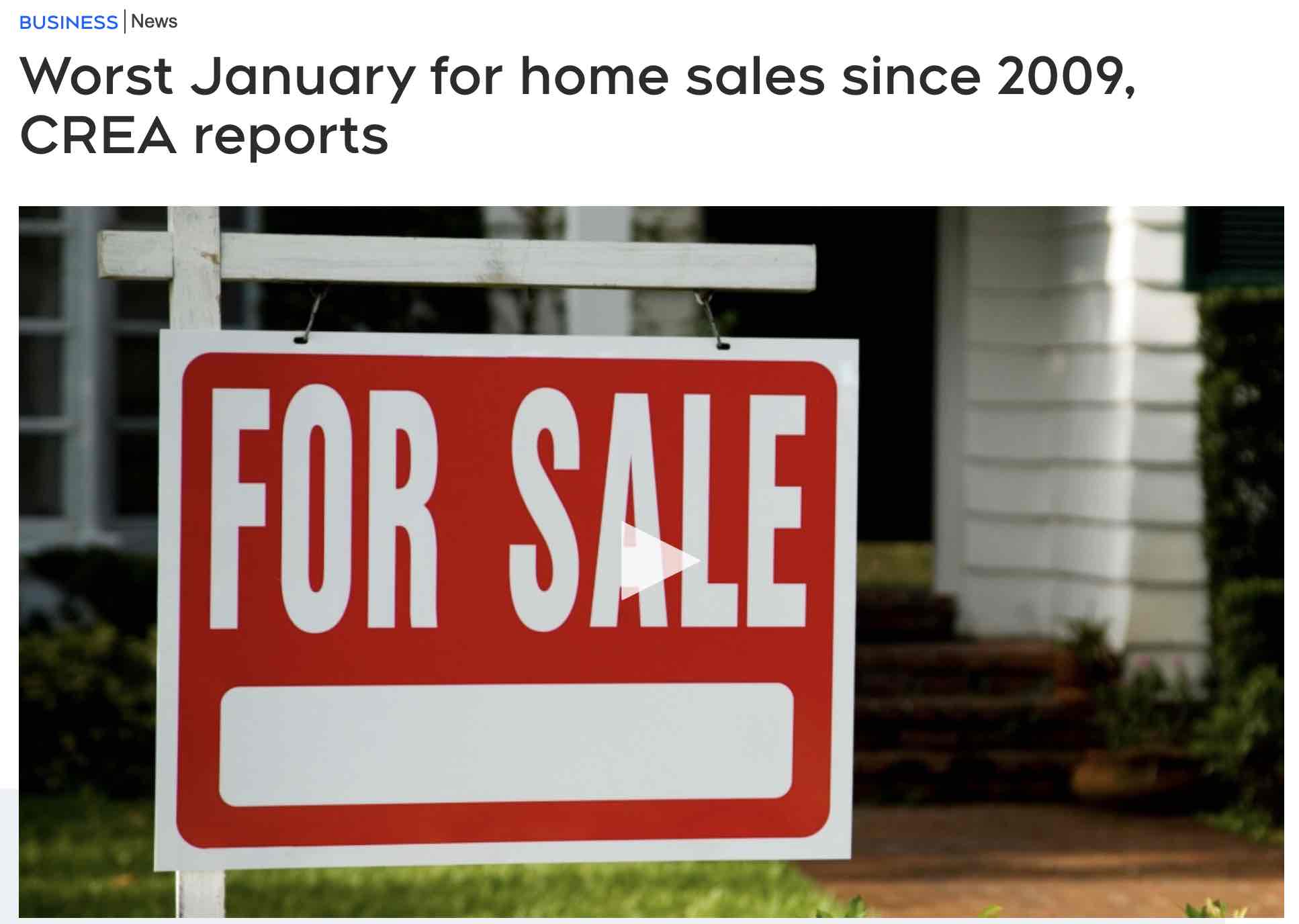 CREA更新1月房市数据：销量自2009年来最差水平
