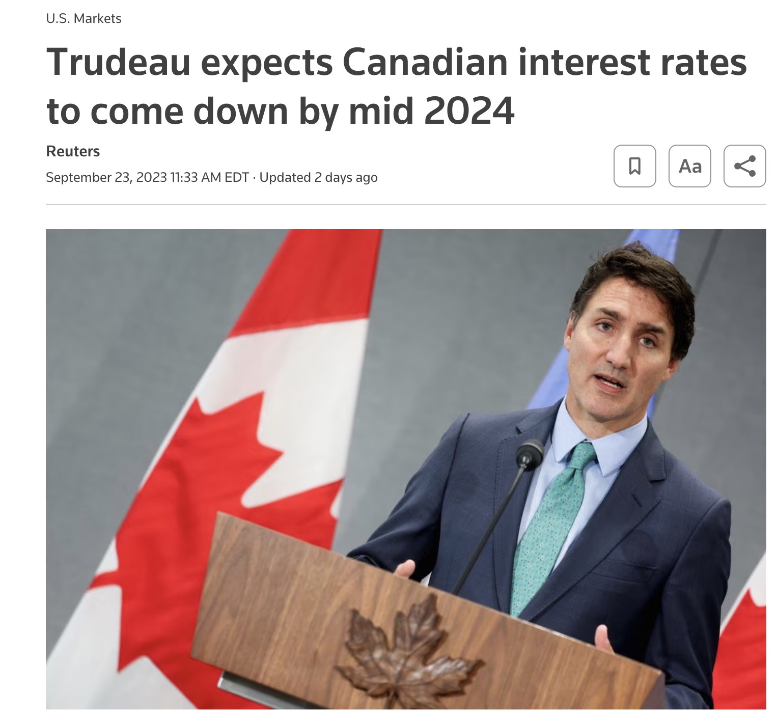 加拿大总理特鲁多预计：利率在2024年中期开始下降