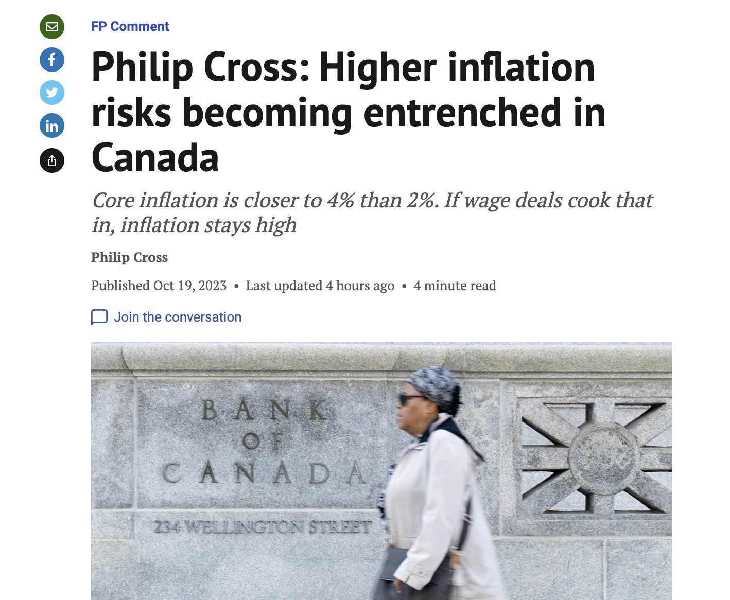 金融邮报：高通胀风险在加拿大根深蒂固