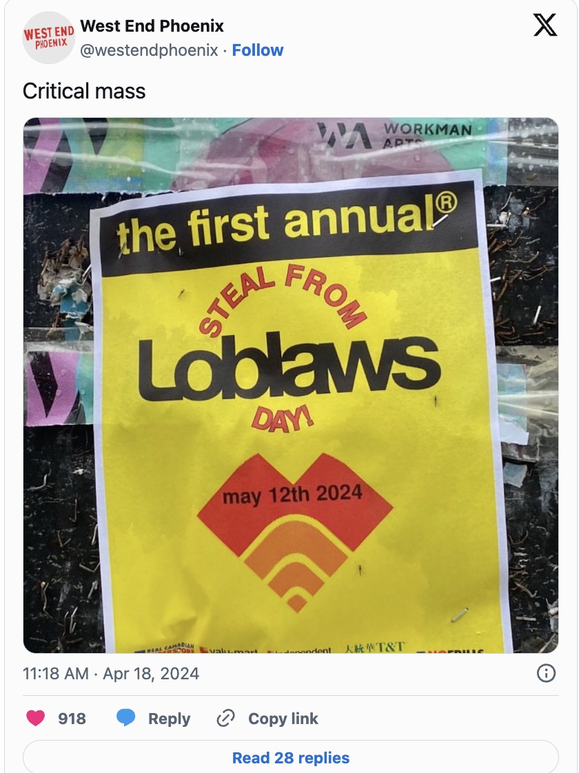 多伦多惊现Loblaws“0元购”海报，抗议日渐升高的生活开支