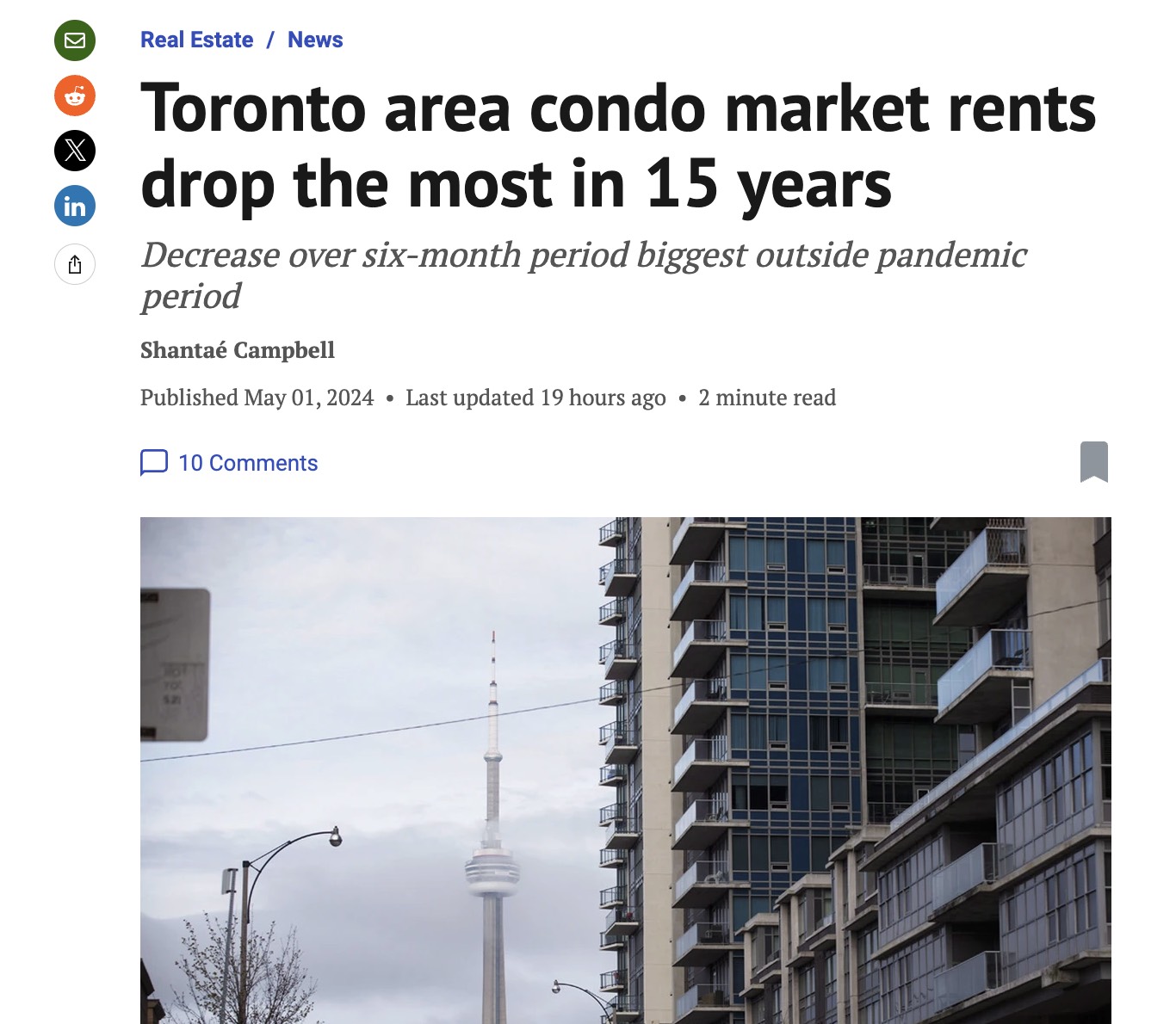 多伦多地区公寓市场租金创15年来最大跌幅