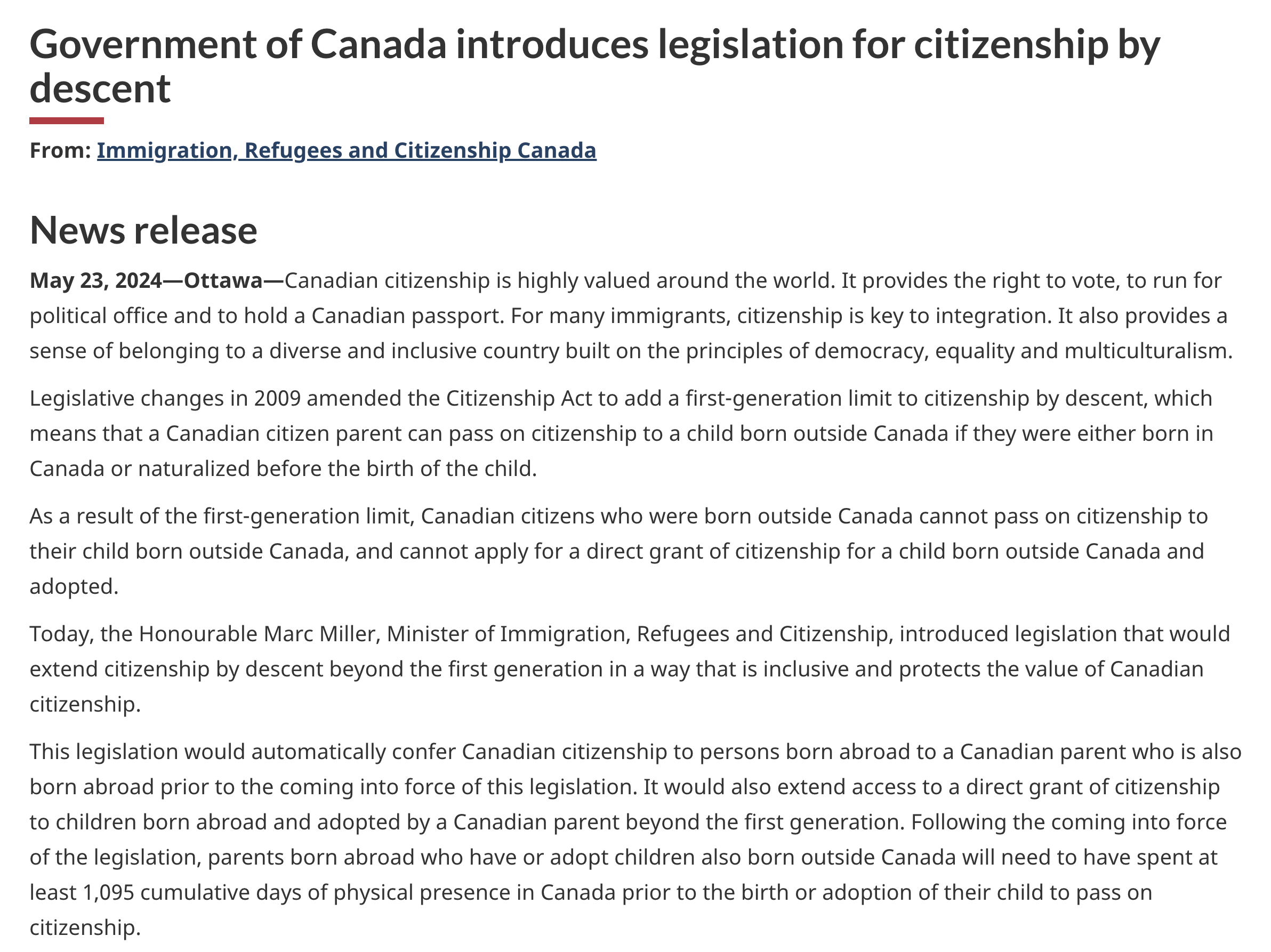 加拿大计划立法：自动授予海外出生儿童公民身份